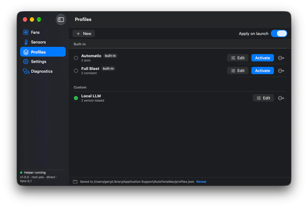 AutoFansMac Profiles view listing the built-in Automatic and Full Blast profiles next to custom ones.